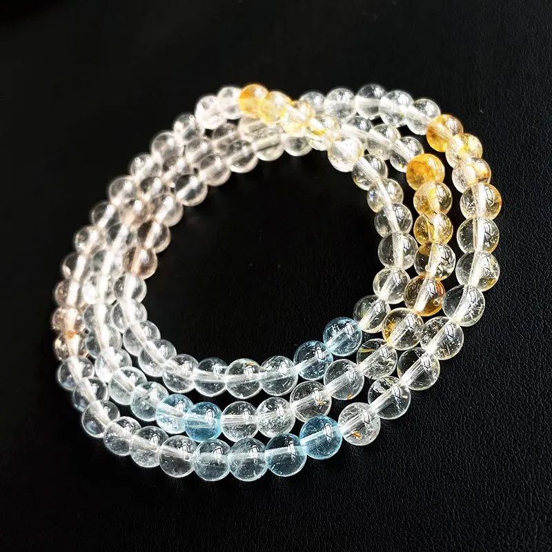 

Natural Yellow Blue Topaz 3 Laps Clear Round Beads Bracelet Necklace Crystal 6mm Women Colorful White Topaz Jewelry AAAAAA