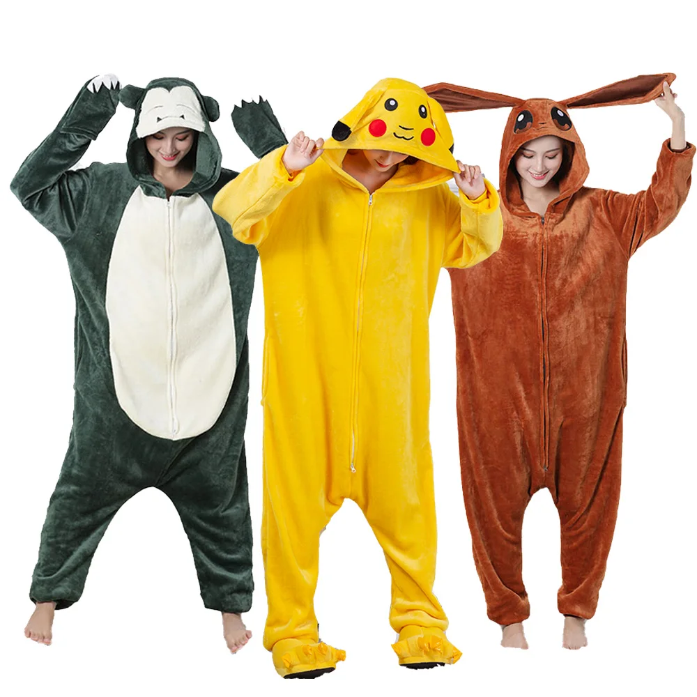 Pokemon Costume Pikachu Snorlax Eevee Onesie Anime Cosplay Outfit Halloween Festival Kigurumis Winter Flannel Warm Zipper Suit