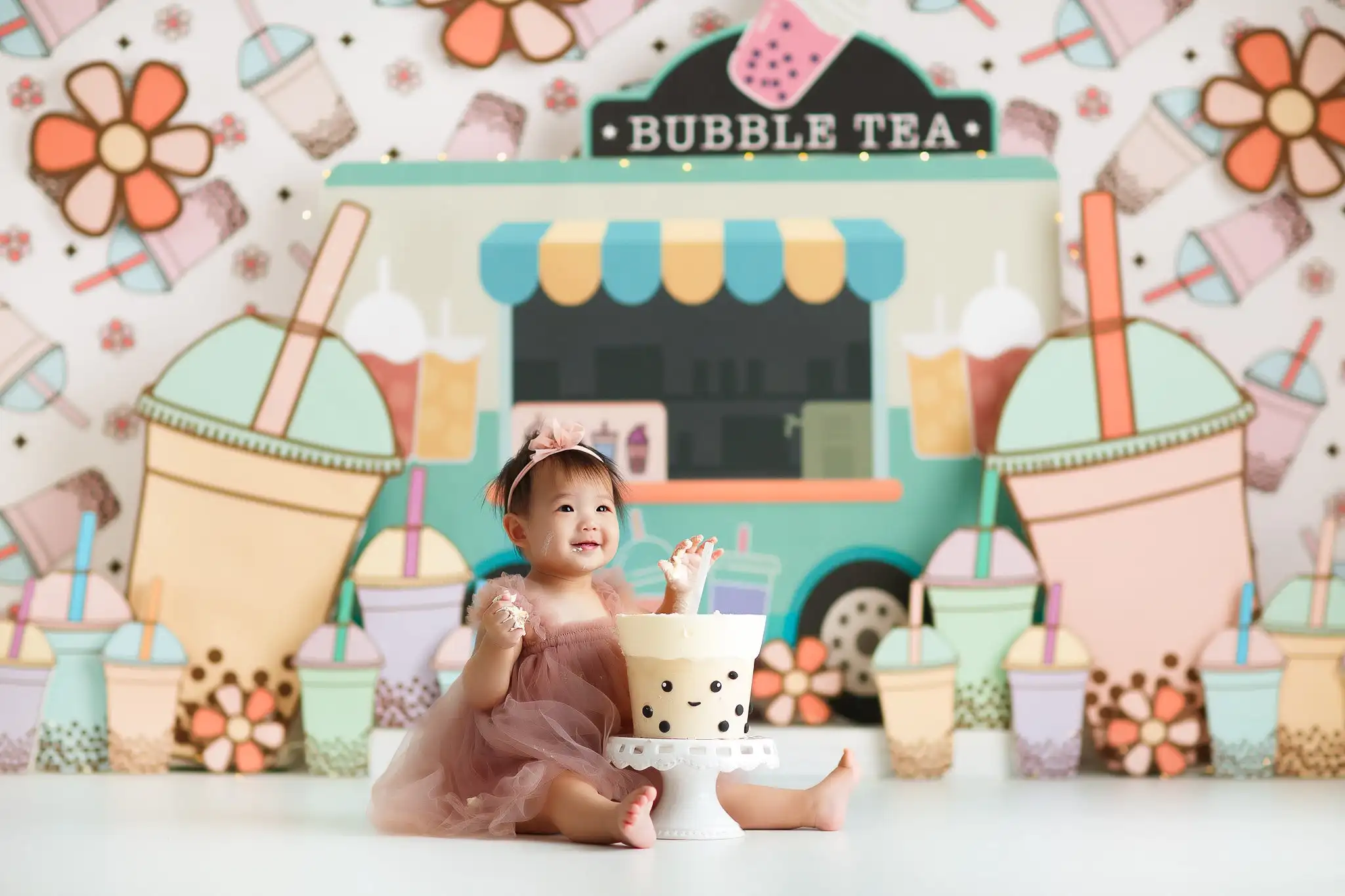 Bubble Tea Backgrounds Cake Smash Kids Adult Photography Props Child Baby Decors Milk Tea Dining Cart Photo Backdrops