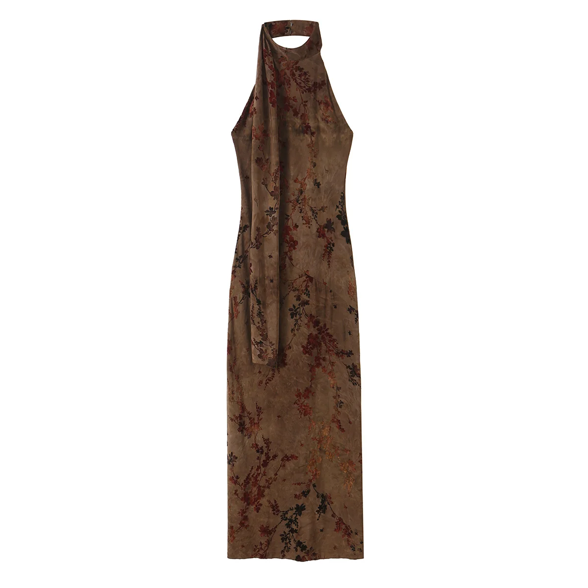 Damen Sexy Kleid mit Schleifenkragen, Rückenfreies Neckholder-Maxikleid, Modisches Ärmelloses Bedrucktes Schlankes Kleid, Elegantes Sommerkleid in Braun ﻿ – Detail 3
