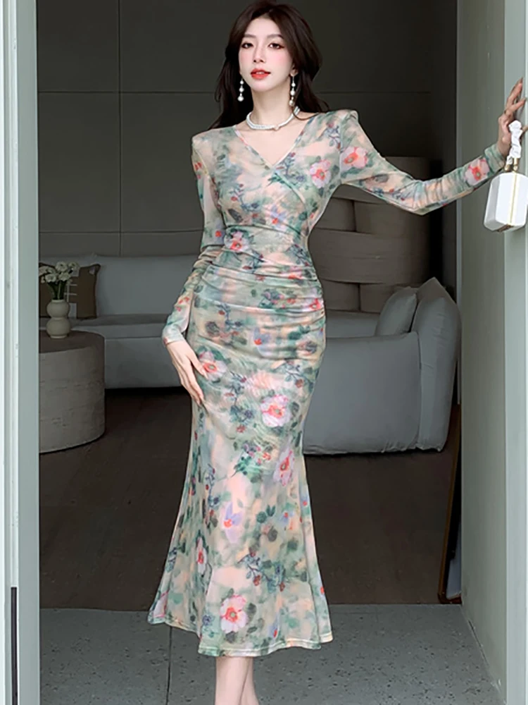 Women Floral V-Neck Luxury Dress with Long Sleeve Spring Autumn Elegant Bodycon Party Vestidos 2024 Korean Vintage Evening Dress