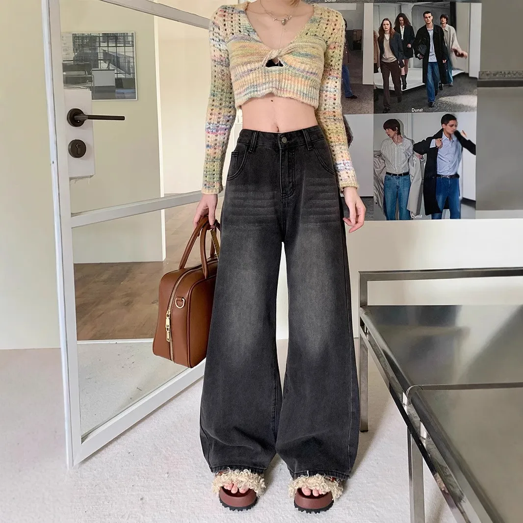 

Retro American Denim Jeans Women's Versatile Spring Summer Loose Slimming Washed Wide Leg Long Trousers Casual High Waist