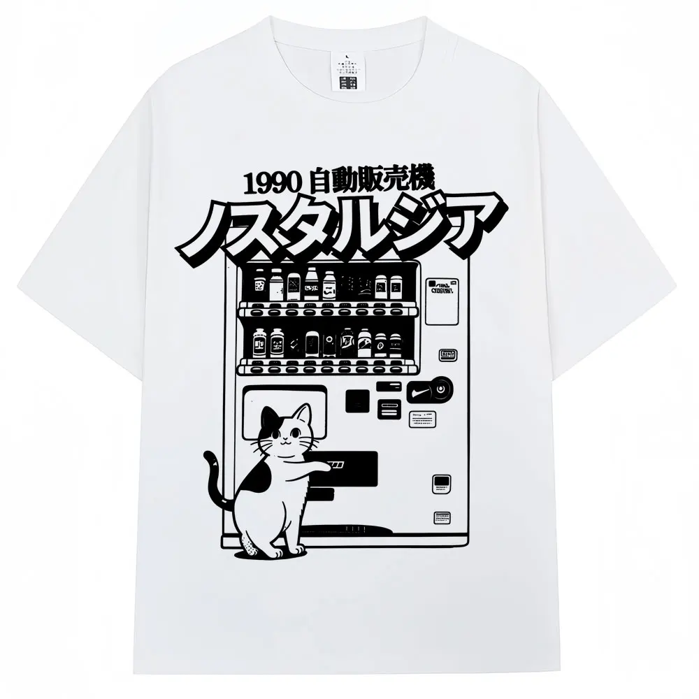 Vintage Japan Cat Vending Machine Graphic T Shirts 90s Anime Fashion Harajuku Men Women Short Sleeve Oversized Cotton T-shirts