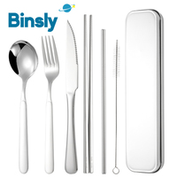 Portable Korean Style 7Pcs Tableware Set Stainless Steel Spoon Fork Knife Straw Camping Travel Cutlery Set for School Office