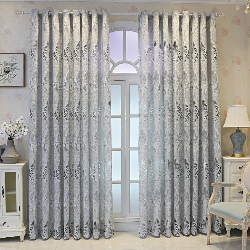 

American Style Simple Modern Semi Blackout Curtains for Living Room Gray Leaf Hollowed Out Curtain Tulle Home Customized Curtain