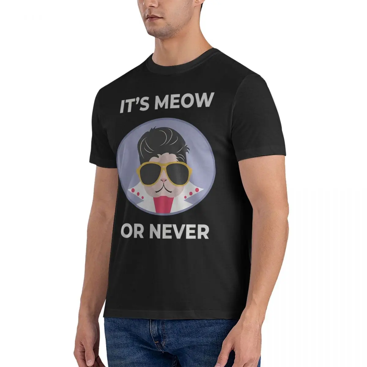 Cat Men's T Shirt E-Elvis Singer Presley Casual Tees Short Sleeve Round Collar T-Shirt Pure Cotton Graphic Printed Clothing