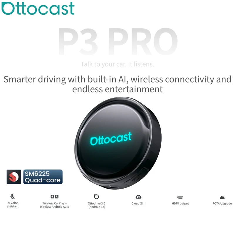 OTTOCAST P3 Pro Video Box Wireless Carplay Android Auto Aadapter 8GB 128GB Ai Voice QCM 6225 HDMI Output for Netflix YouTube