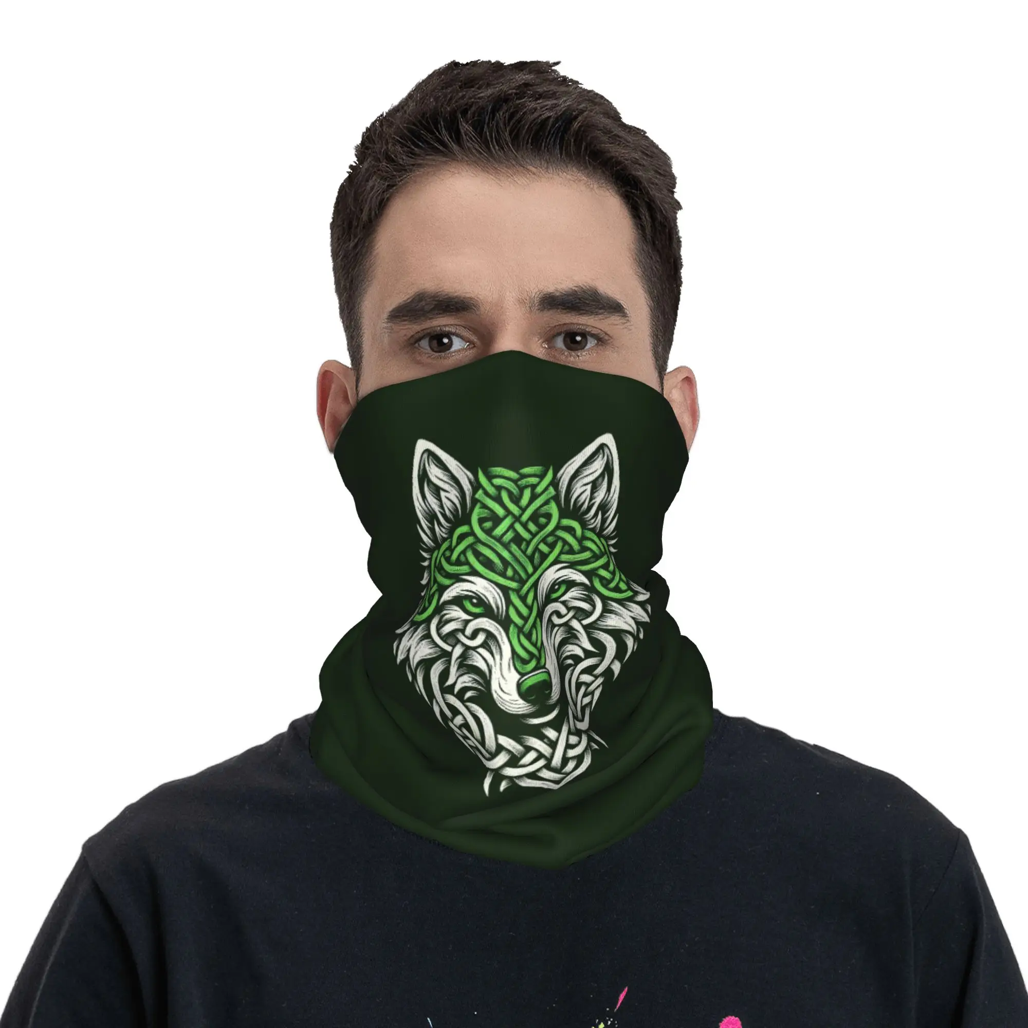 Celtic Irish Knot with Wolf St Patrick Bandana Neck Gaiter Printed Wrap Scarf Warm Balaclava Riding Unisex Adult
