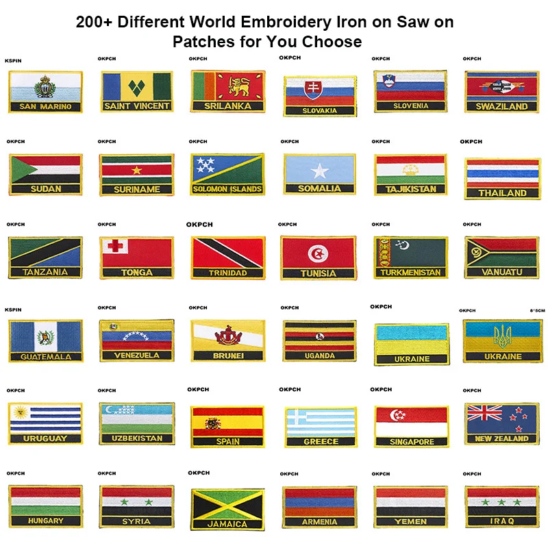 200+ بقع علم مختلفة مستطيلة وشكل درع حديد على بقع التطريز المنشار على تطبيقات رقعة النقل