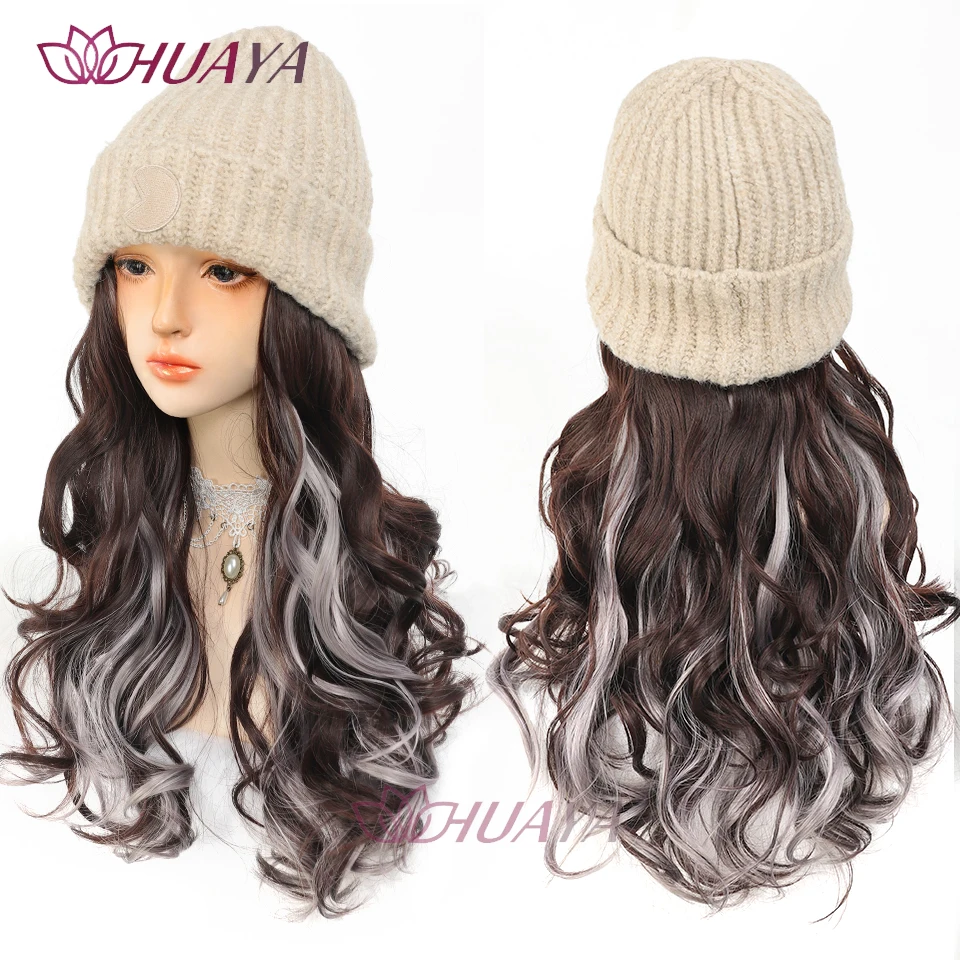 HUAYE Hat Wig One-piece Women's Fashion Autumn Winter Knitted Hat Long Wavy Hair Full Head Long Curly Wig Hat