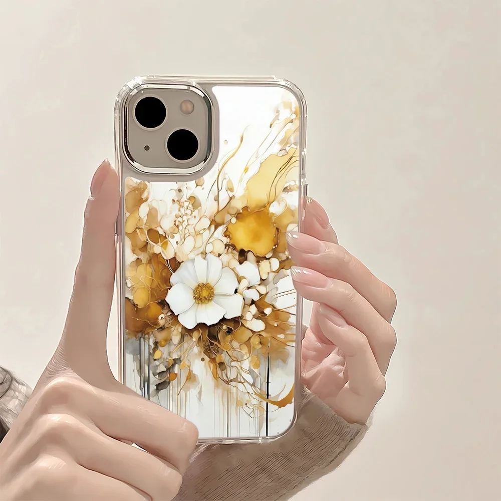 

Прозрачный чехол Advanced Golden Flower для iPhone 16 16E 15 14 Plus с металлическим кольцом для объектива 12 11 13 Pro Max XR XS 7 8 Plus, мягкий чехол