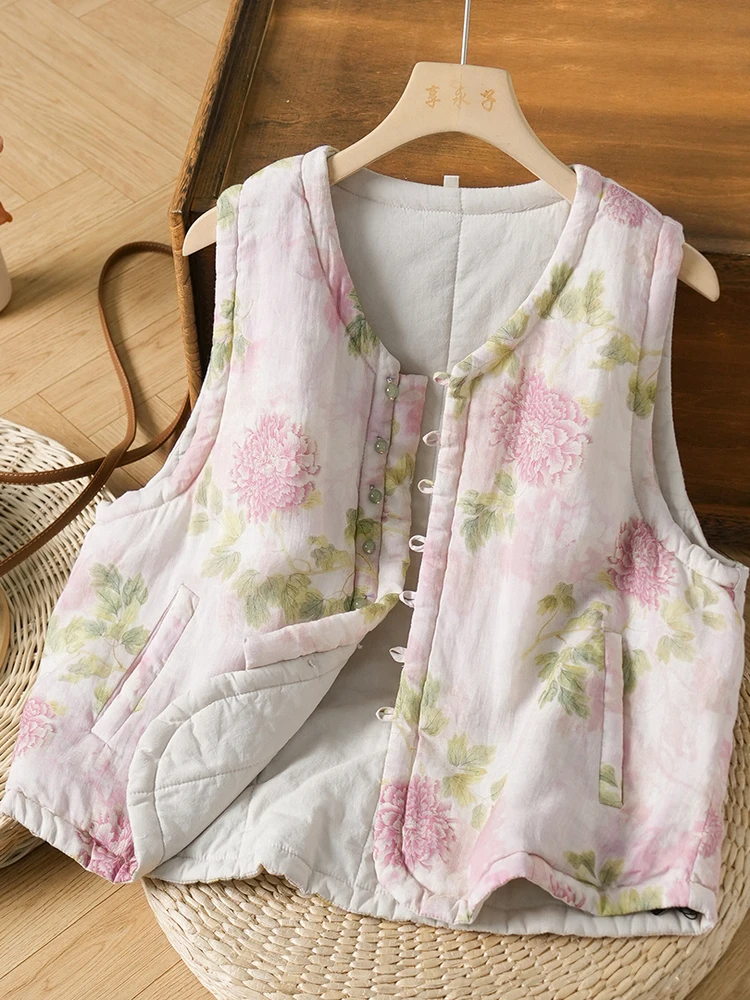 

Retro Button-Up Print Svel Vest Women's Winter Cotton Jaet Warm Layering Versatile Cotton Clothes Dr Qing a Po