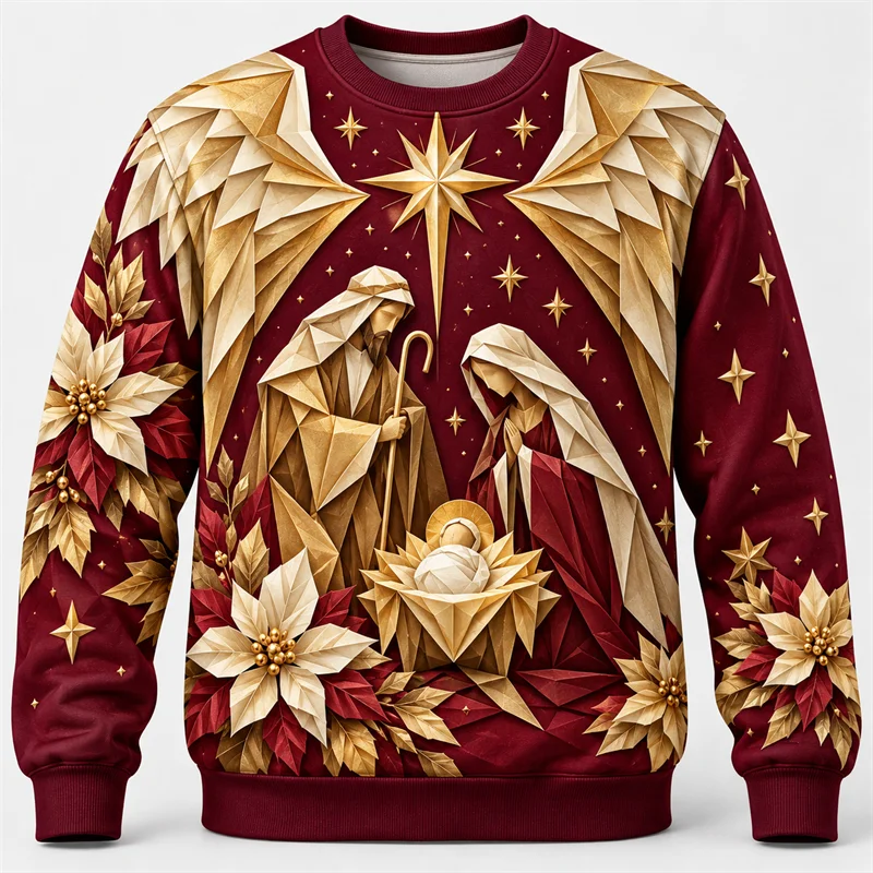 Jesus Christ Christmas Sweatshirt Men Nativity Star Holy Family Aurora Print Crewneck Long Sleeve Christian Holiday Pullover