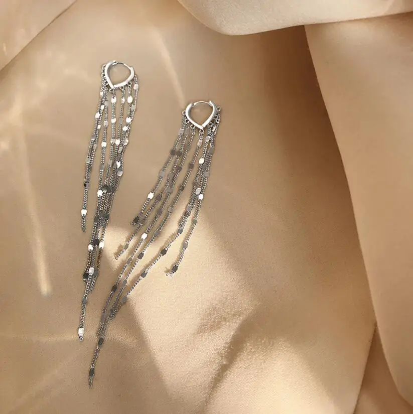 925 Sterling Silver Light Luxury Long Tassel Hoop Earrings Female Temperament Love Heart Gorgeous Handmade Jewelry Wedding Gift view 4