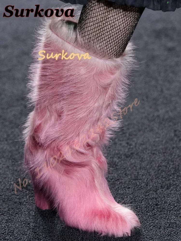 Pink Fur Snow Boots Round Toe Thick Heel Side Zipper Winter Boots Warm Fashion Catwalk Modern Boots Elegant Fur Women'S Shoes 46 - view 4