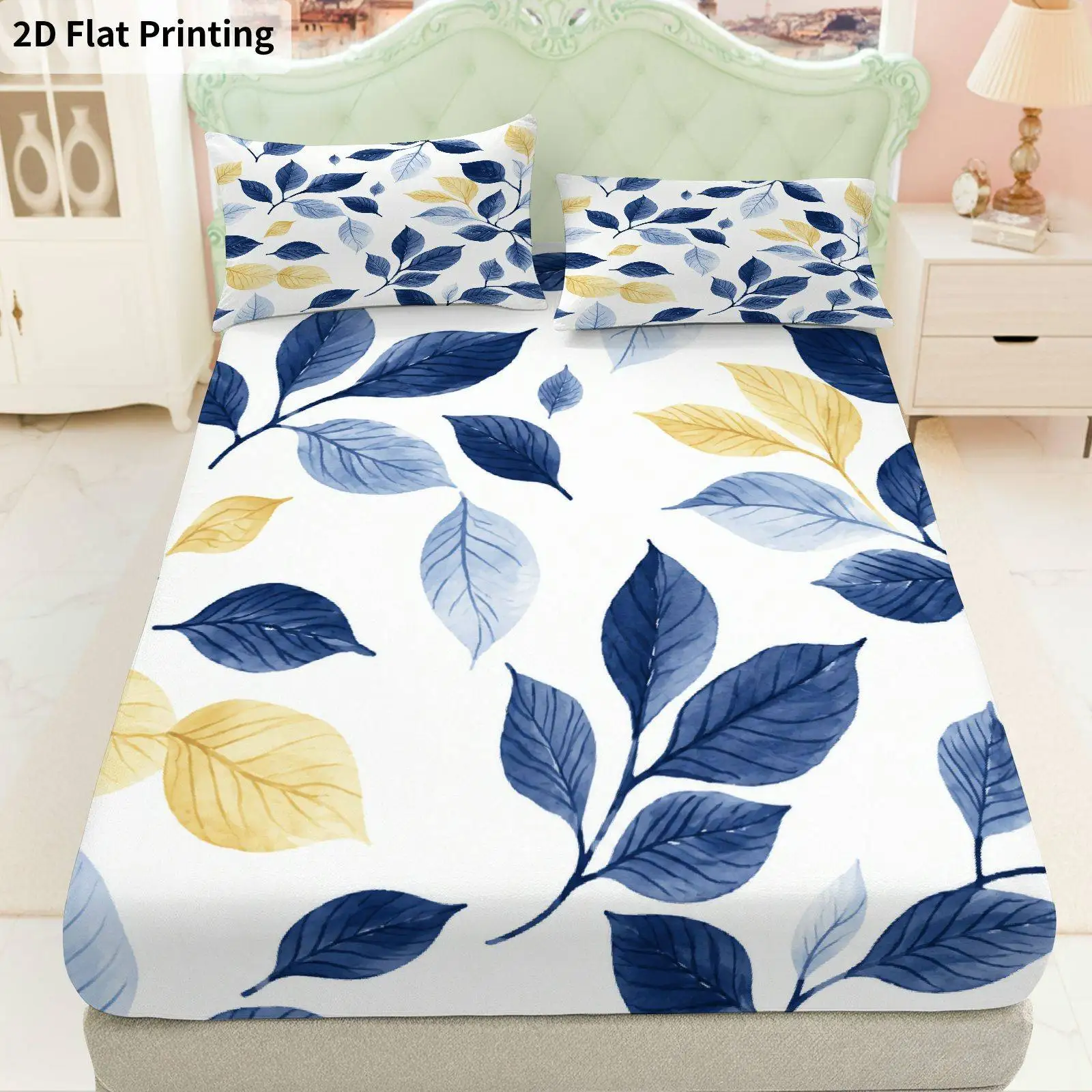 Blue leaves, yellow leaves, fitted sheet, three-piece set, autumn holiday theme, three-piece bedding set (includes 1 fitted sheet + 2 pillowcases), 3-piece set, large-capacity deep pocket 2D printed fitted sheet and 2 pillowcases, mattress protector, fitted elastic style, protective cover, mattress protector, suitable for all seasons, machine washable design, holiday decoration, various sizes, breathable protective cover with pillowcase