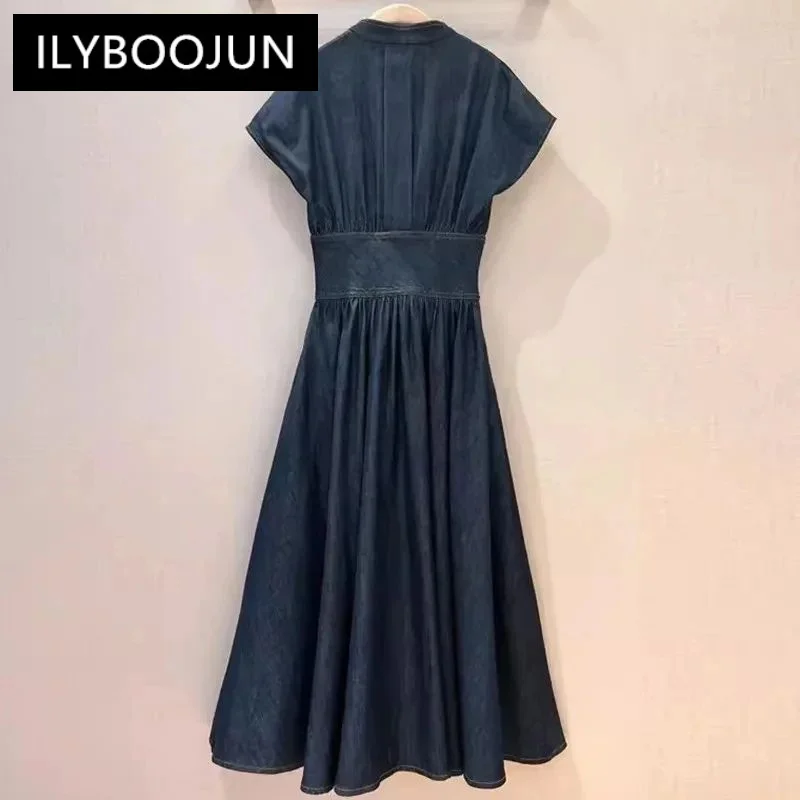 ILYBOOJUN Fashion Designer Spring Summer women\'s Cotton Short Sleeve Single-Breasted Folds Streetwear Dark Blue Denim Dresses