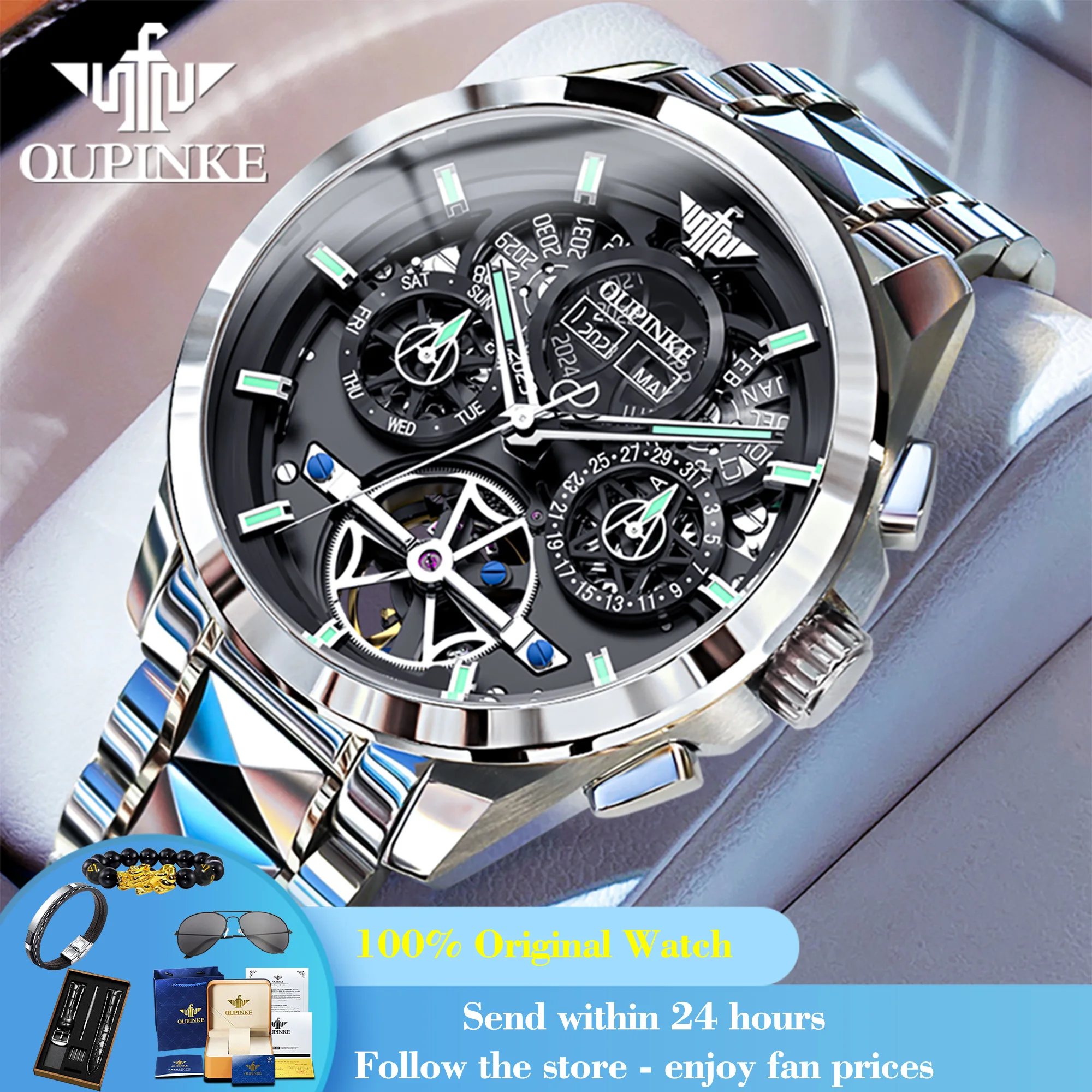 

OUPINKE 3233 Men's Watch Hollow Skeleton Automatic Watch For Men 50M Waterproof Sapphire Mirror Date Man Mechanical Wristwatch