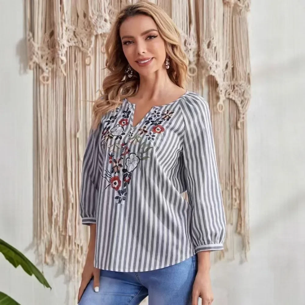 Women Short Embroidered V-Neck Striped Shirt Spring Autumn New European Style Ladies Daily Streetwear Chic Versatile Fashion
