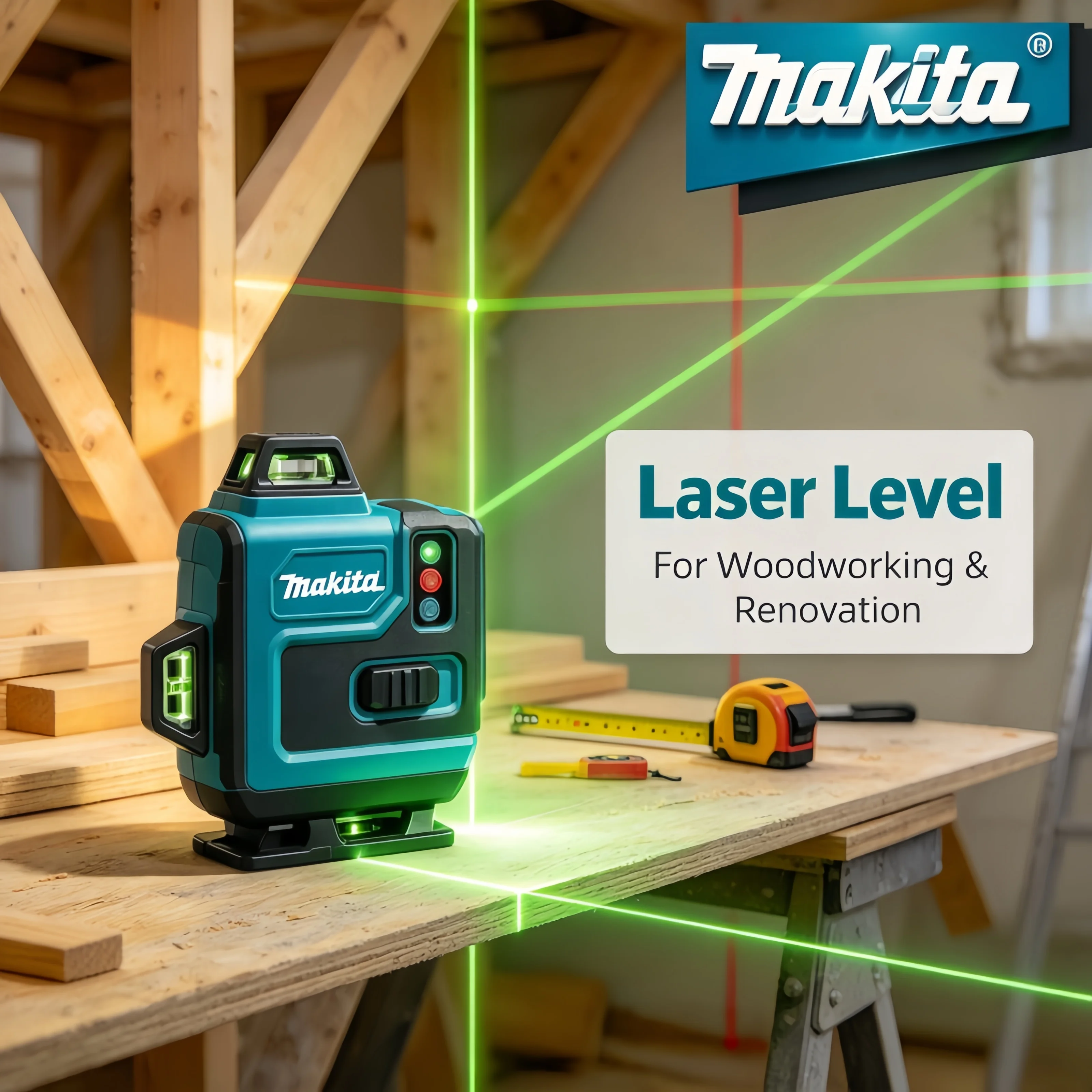 Makita 5.0Ah 16 Lines 360° Green Laser Level with Remote Control Self Leveling Wall Mount Laser Measuring Tool for Decoration