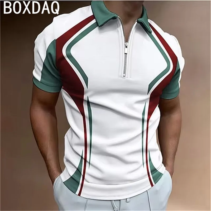 

Мужская рубашка поло, летняя рубашка поло с коротким рукавом и лацканами на молнии, спортивная рубашка поло для гольфа, мужская модная классическая полосатая рубашка с принтом, большие размеры