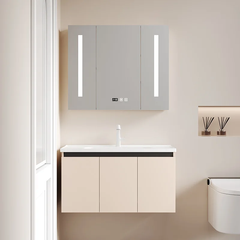 

Шкаф для ванной комнаты для небольшой квартиры, широкий 40-слойный шкаф из массива дерева без краски, умный зеркальный шкаф, кремовая деревянная кабина с ветром