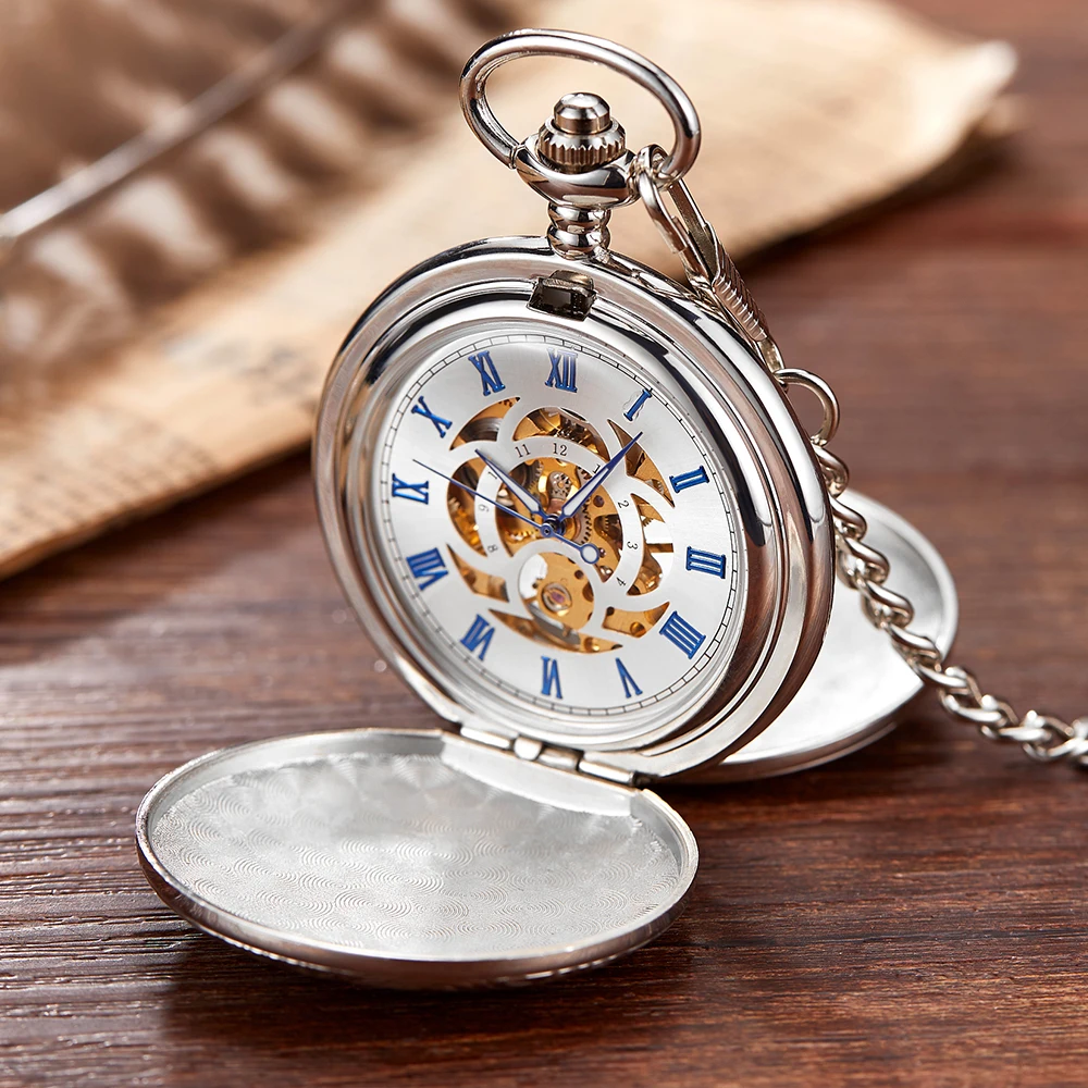 Silver Mechanical Pocket Watch for Men Double Case Open Side Skeleton Hollow Dial Luxury Roman Clock Male Women with FOB Chain