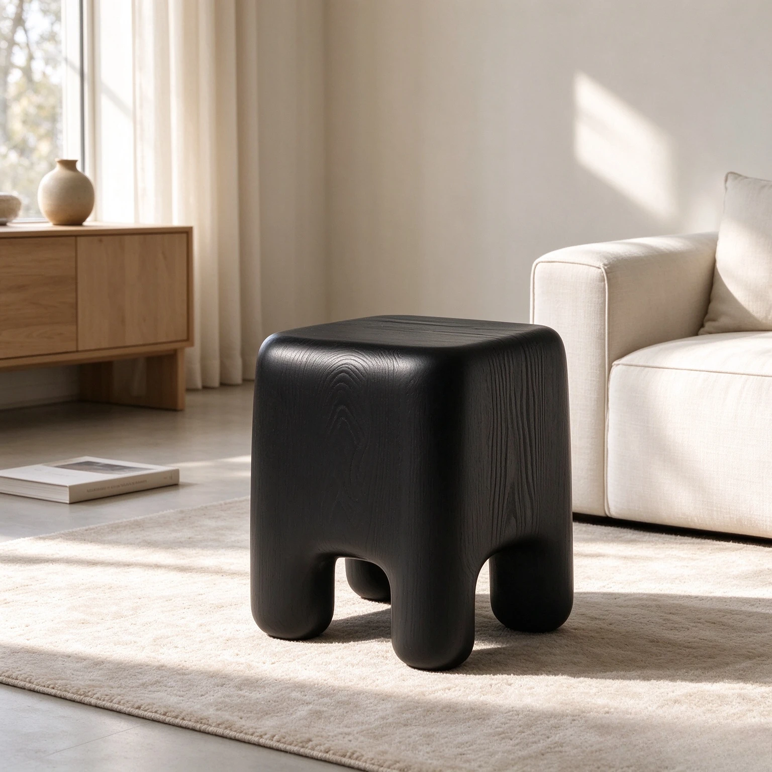 Nordic Solid Wood Black Stool, Entryway Shoe Bench Ottoman and Accent Seat for Living Room, Bedroom and Small Apartment Seating