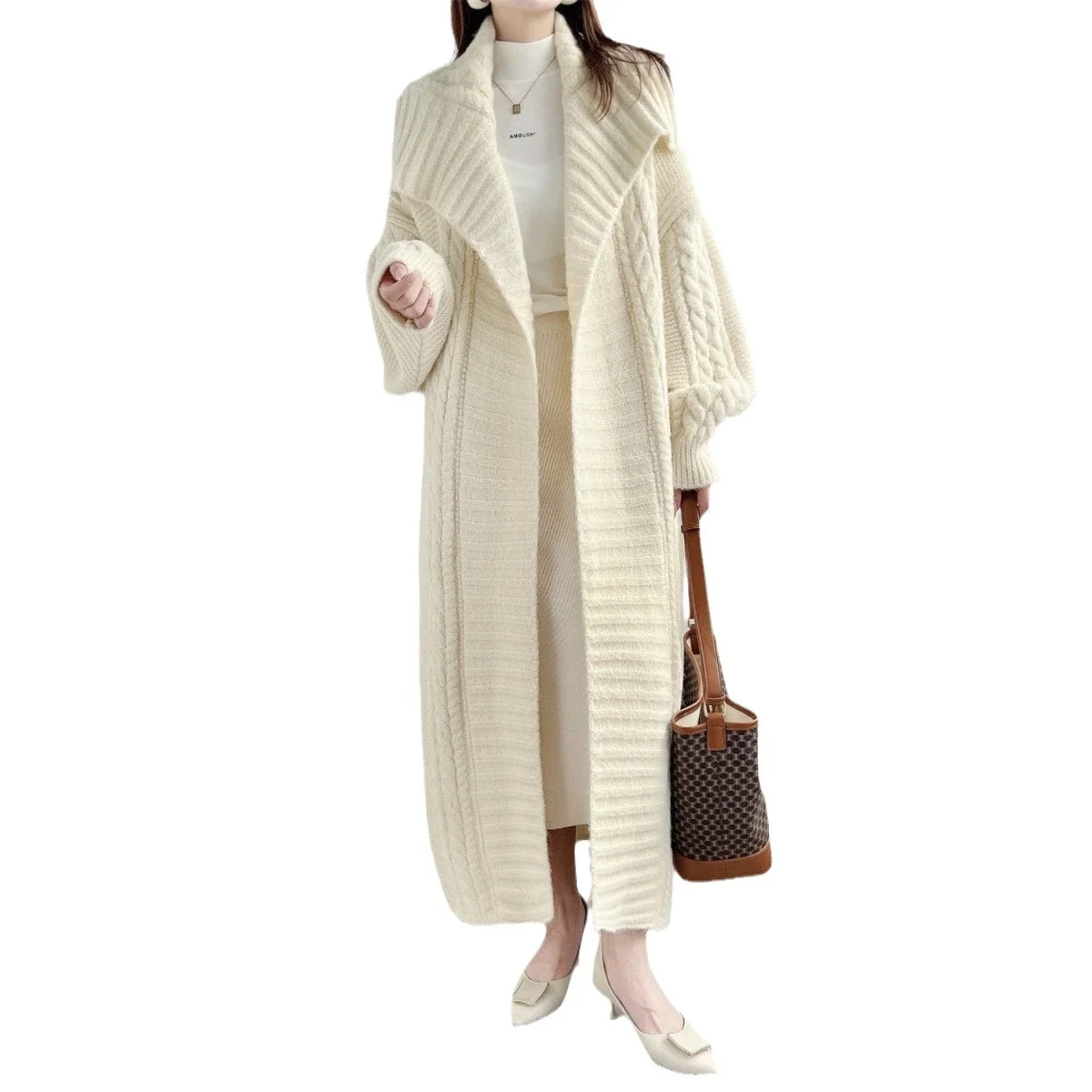 Winter Mohair Knitted Long Trench Women Fashionable Big Turn-down Neck Loose Cardigan Poncho Coat Thick Warm Streetwear Cloak