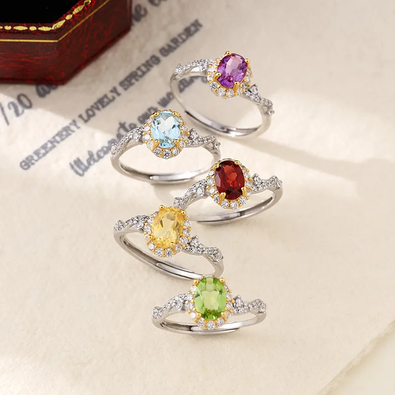 925 Sterling Silver Resizable Size Ring for Women Pure Silver Fine Gorgous Natural Topaz Citrine Garnet Amethyst Peridot