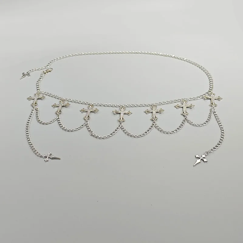 الفاخرة مصمم المرأة واسط حزام على شكل سلسلة الإناث الصليب مع حجر الراين القوطية اكسسوارات الشرير شرابة حزام فستان حزام البنطال الجينز