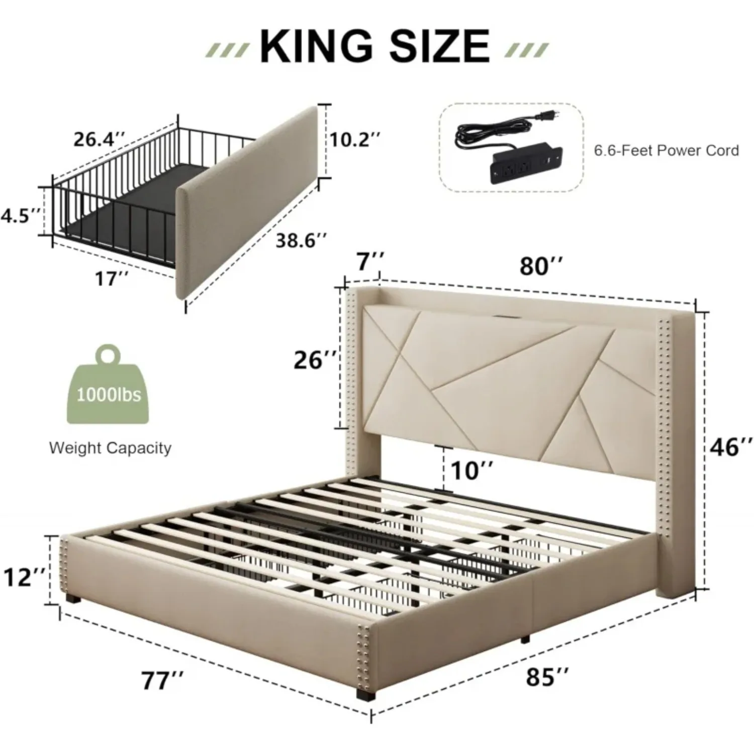 King Size Platform Bed Frame w/ 4 Storage Drawers, Upholstered Bed Frame with Charging Station, Solid Wood Slats Support, Beige