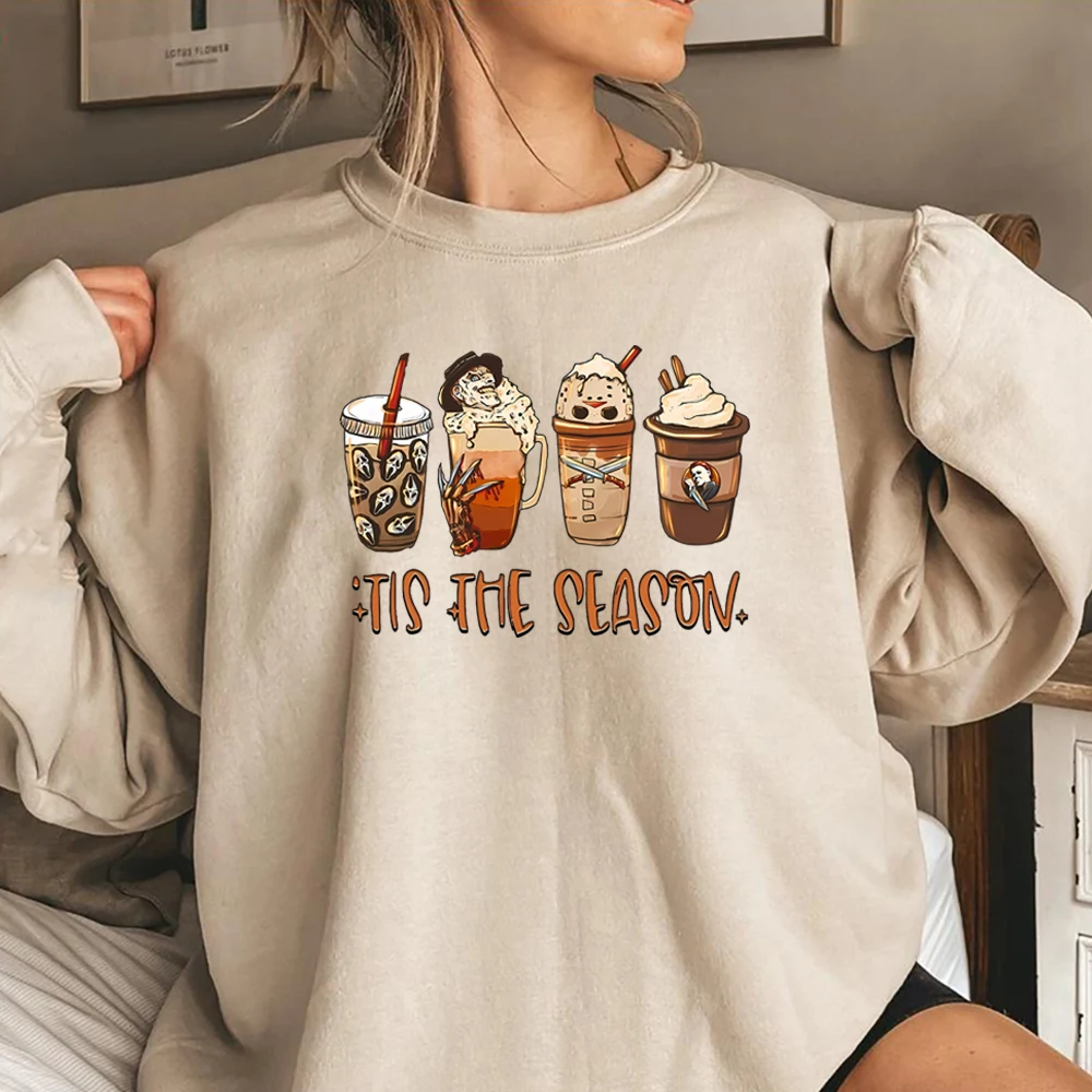 Halloween Sweatshirt Scary Movie Horror Characters Coffee Ghostface Graphic Sweater Tis The Season Fall Crewneck Sweatshirts