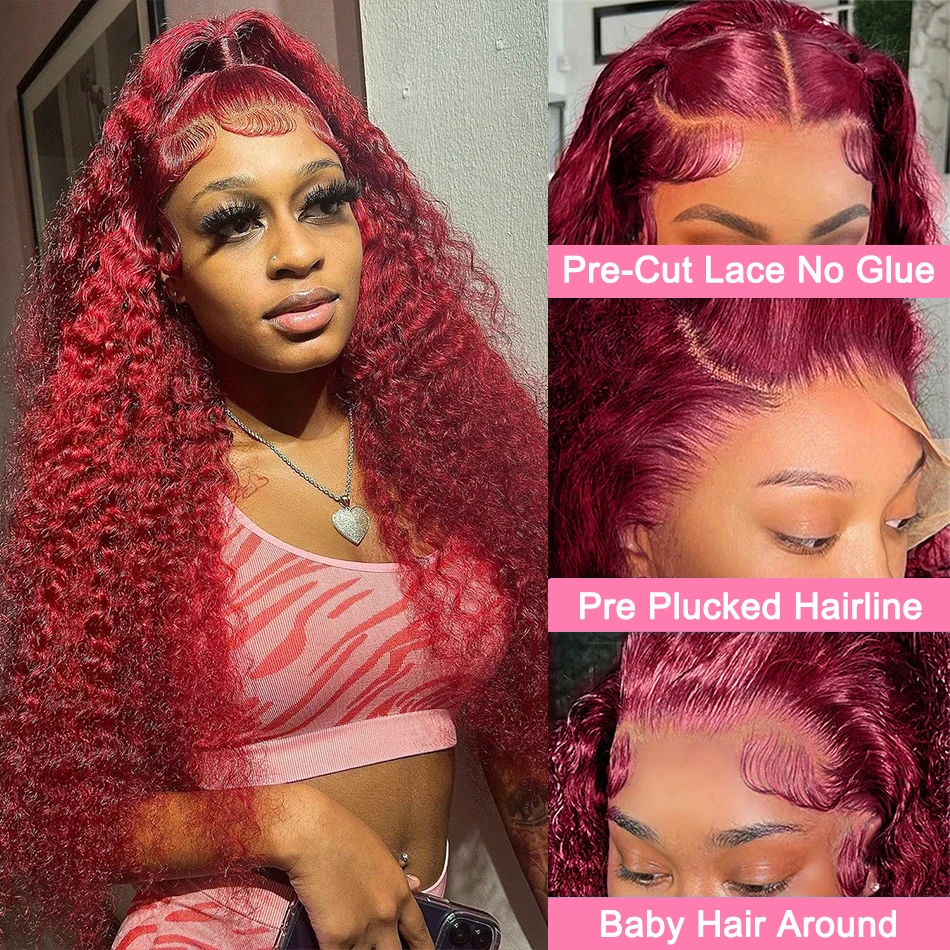 99j Burgandy Deep Wave 13x4 Lace Front Human Hair Wigs Brazilian Remy 180% Red Colored Curly 13x6 Lace Frontal Wig For Women