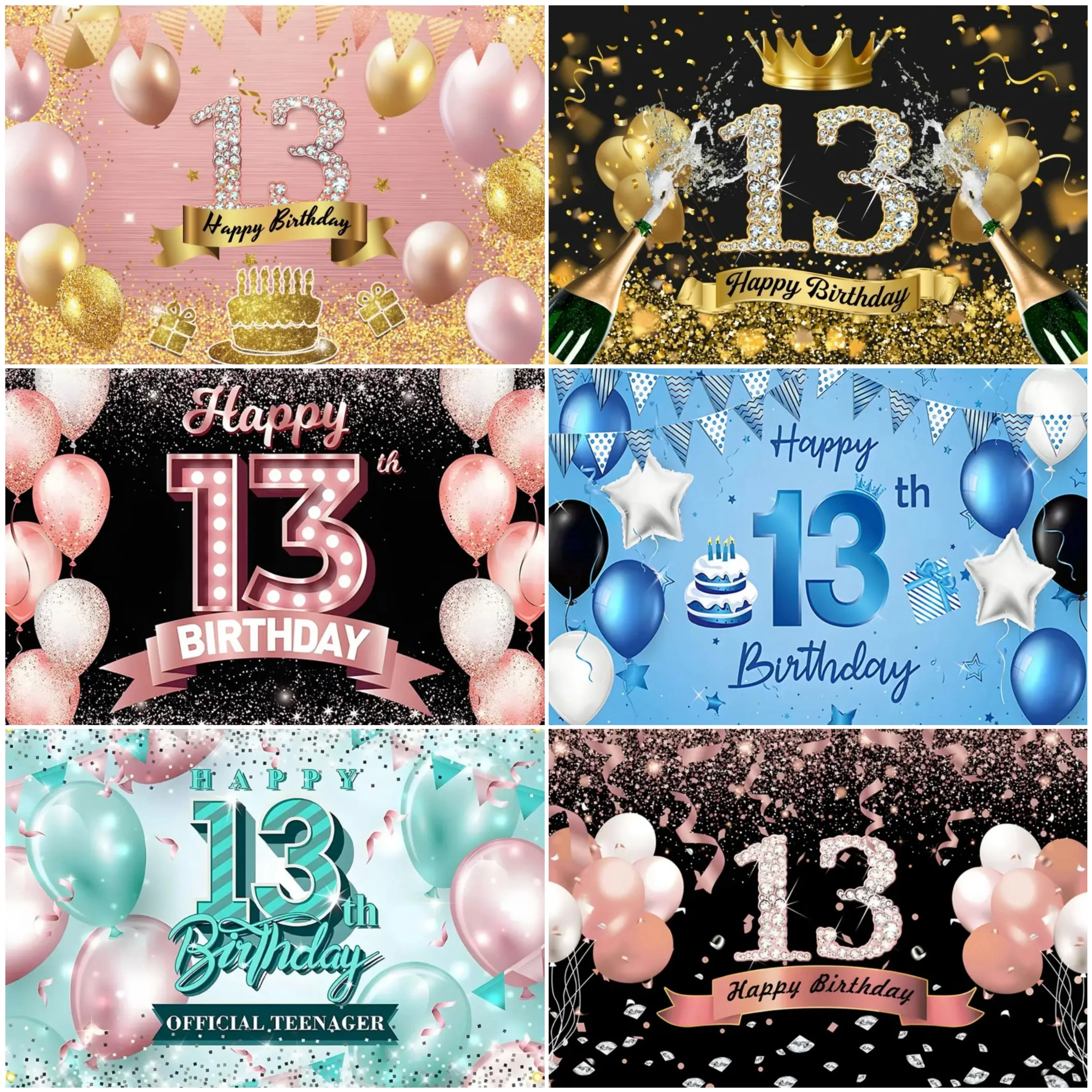 13th Birthday Party Backdrop for Photography Teenager Kids Boys Girls Happy 13 Years Old Gold Black Pink Blue Balloon Poster