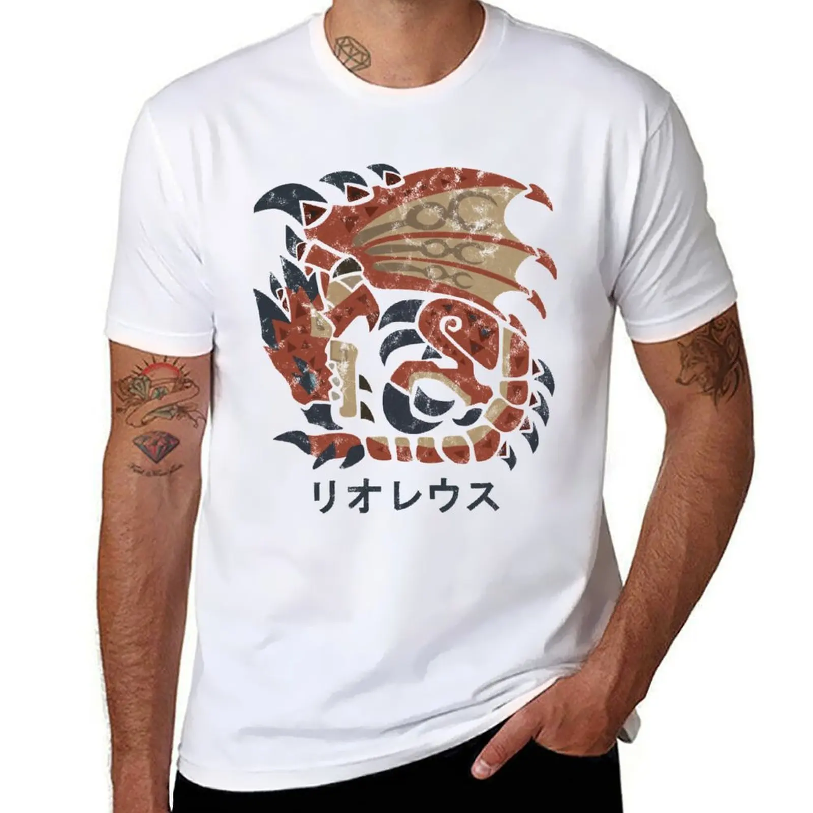 تي شيرت Monster Hunter World Rathalos Kanji Icon تي شيرت رجالي 100% قطن فاخر ماركة رجل تي شيرت جرافيك تي شيرت