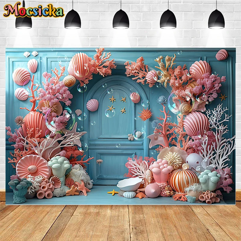 Mocsicka-Fondo de fotografía con temática oceánica, decoración de sirena, Coral, Princesa, fiesta de cumpleaños, pastel, Smash, estudio fotográfico