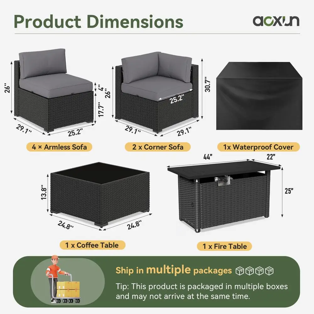 8 Piece Patio Furniture Set with 44 Fire Pit Table, Wicker Rattan Patio Sectional Sofa, Outdoor Furniture Set with Thickened Cu