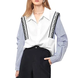 CHCH New Women's Casual Shirt Comfortable Simple Striped Patchwork Blue And White Classic Retro Spring Autumn Long Sleeve Top