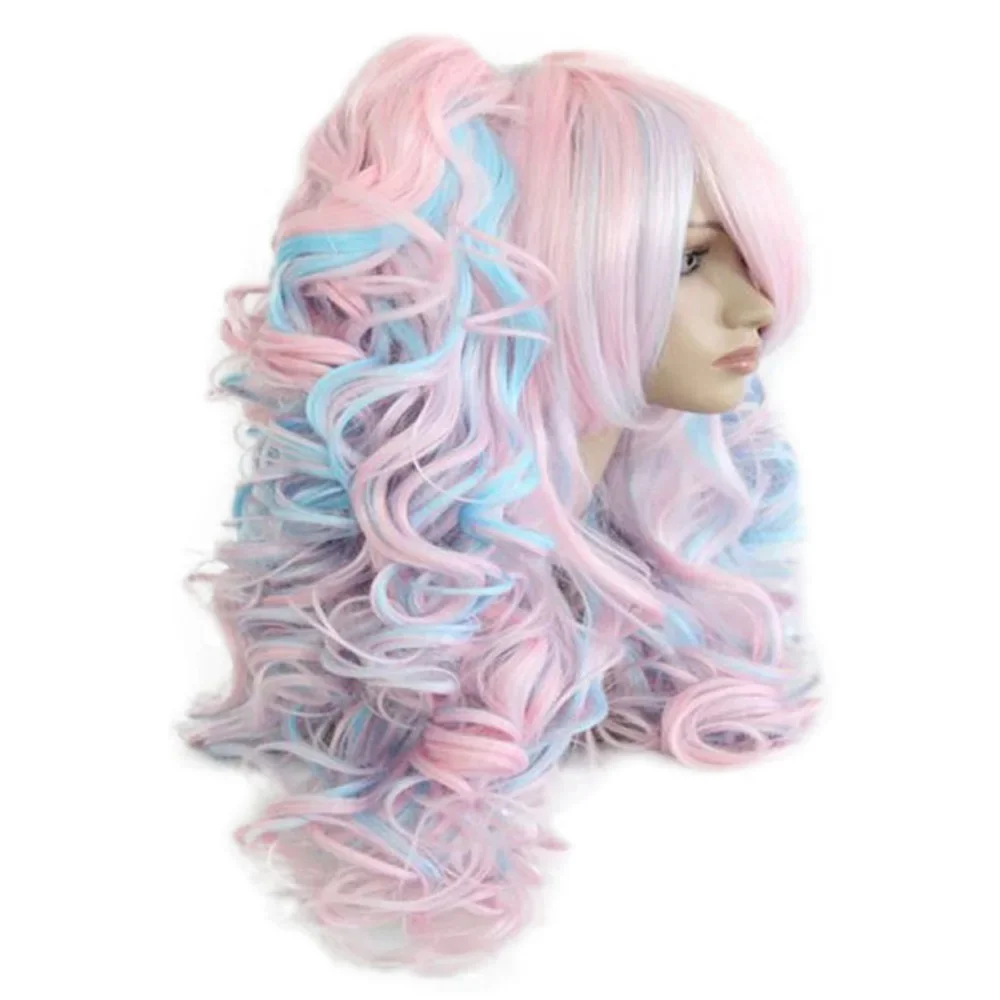 Women 70cm Long Blue Mixed Pink Wavy Braided 2 Ponytails Synthetic Party Cosplay Wig 30 Colors Available