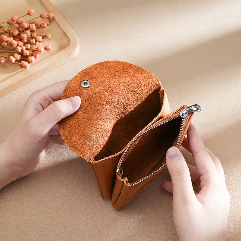 Genuine Leather Short Coin Wallets Card Holder Bag Case Portable Retro Cowhide Small Money Purse For Men Women Earphone Pouch