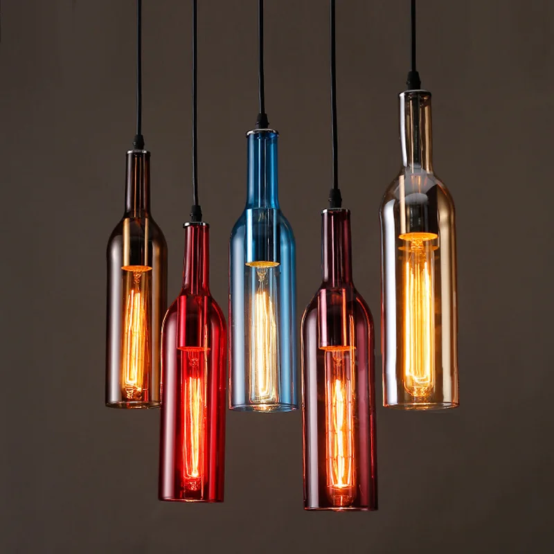 American Retro Colored Glass Pendant Light Creative Beer Bottle Design LED Lights for Restaurant  Bar Bedroom Living Room Decor