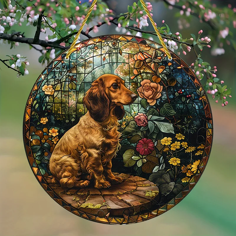 Cute Dog Cartoon Suncatchers Stained Window Hanging Round Acrylic Signs Pendant for Home Garden Yard Wall Art Decoration Gifts