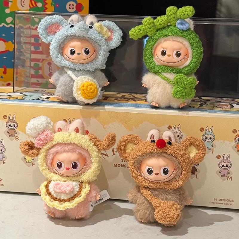 

For 4th Gen Mini Labubu Heart Code Knitted Animal Hood & Bib Set, Handmade Style Costume with Hat for 10cm Vinyl Doll Clothes