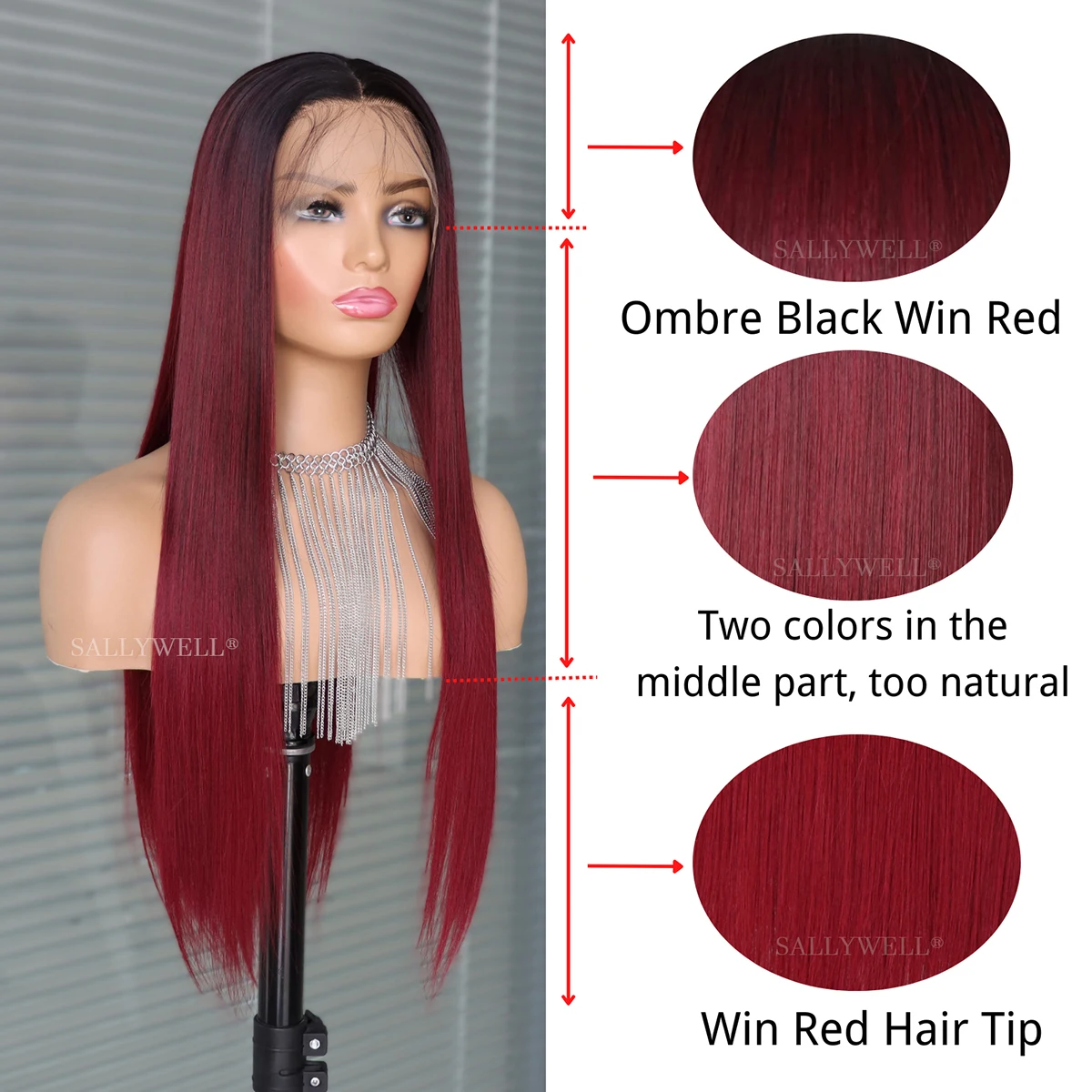 Perruque Lace Front Wig synthétique rouge bordeaux 13x4 avec racines foncées, perruque Lace Wig lisse et longue sans colle, perruque synthétique résistante à la chaleur