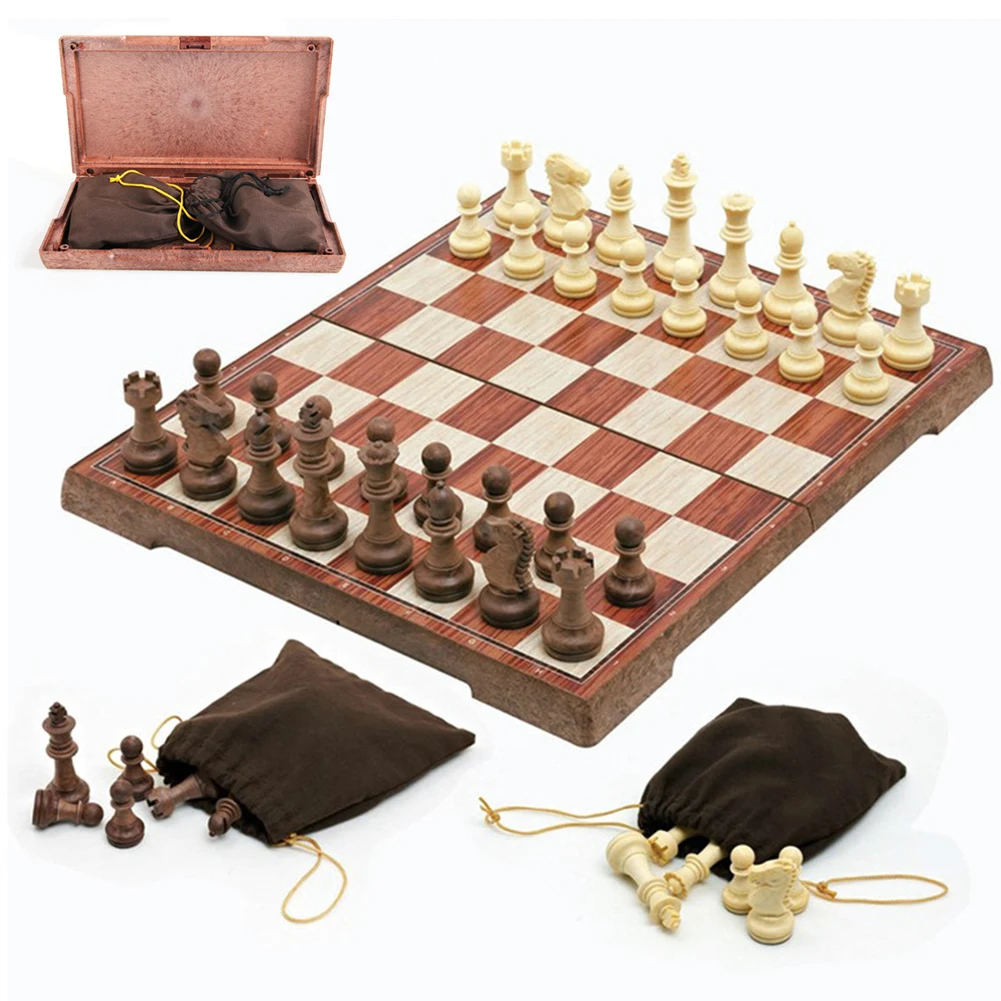 Chess Set Folding Portable Solid Wood Chess Board Game Educational International Chess Board Set Chess Pieces for Kids Students