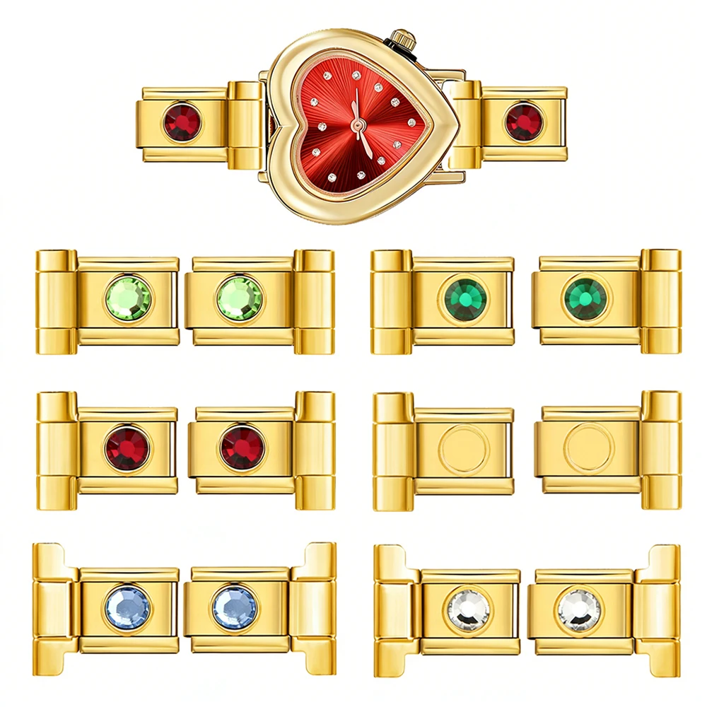 Neuer modischer Uhrenarmband-Verbinder in Goldfarbe mit Zirkonia, italienischer Charm-Anhänger, passend für 9mm Edelstahlperlen, für die Herstellung von DIY-Schmuckgeschenken. – Detail 1