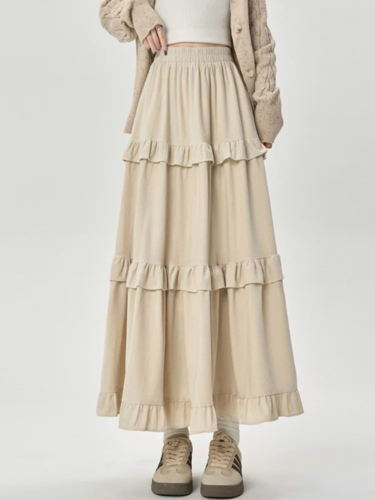 Karamell Kuchen Design A-Linie f Rock Damen Herbst Winter Verdickter Holz Langer Schlankheits-Regenschirmrock