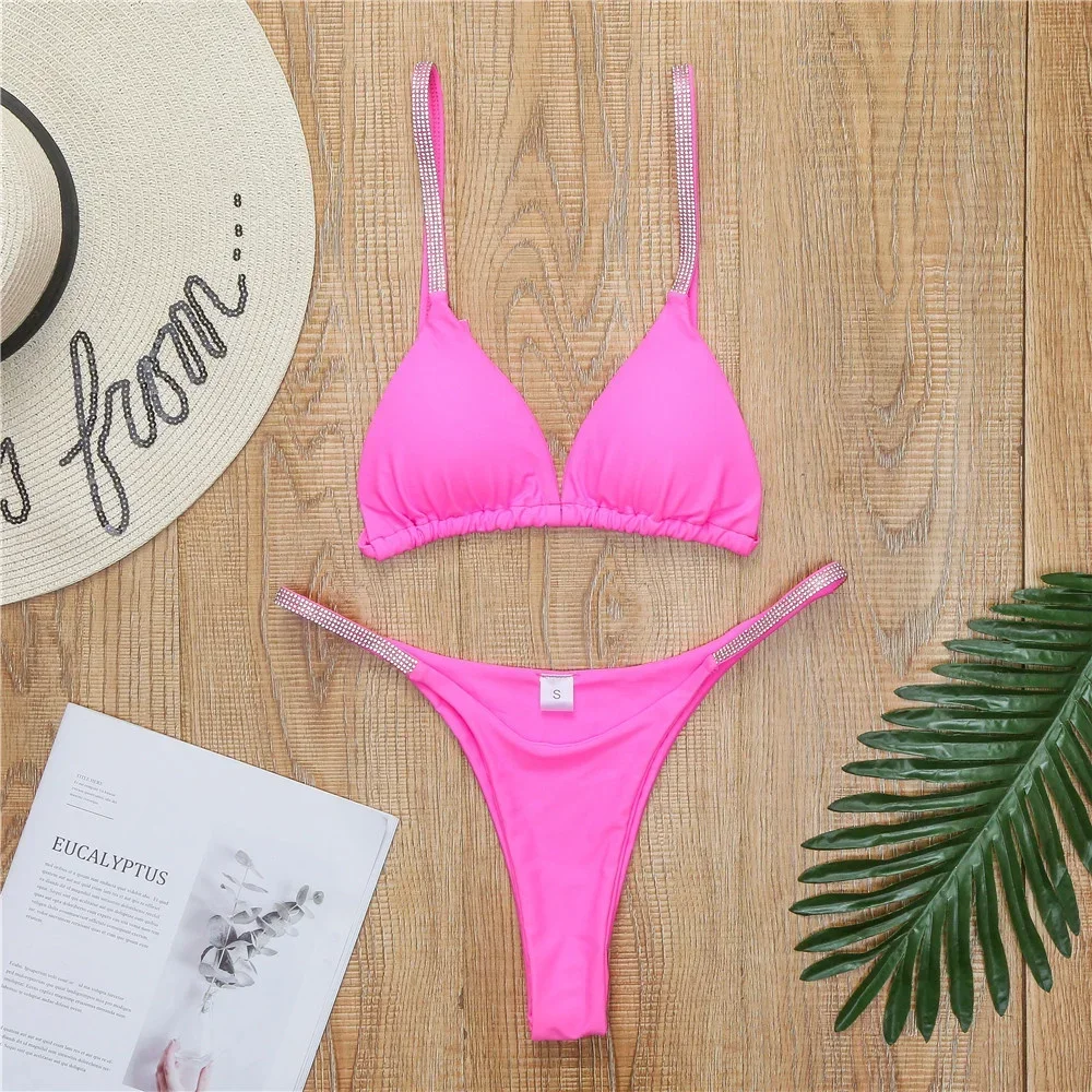 

Sexy String Bikini Rhinestone Straps Triangle Thong Swimsuit Womens Swimwear Two Piece Beach Brazil Y2K Bikinis Vacation Outfits