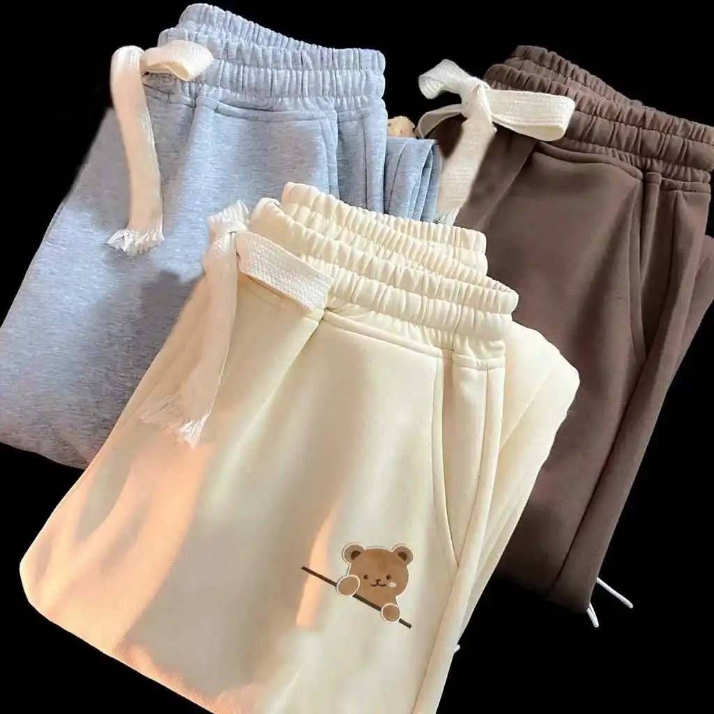 

Осенние повседневные брюки с милым медвежьим принтом, женские новые широкие брюки, удобный мягкий материал, модный Sle